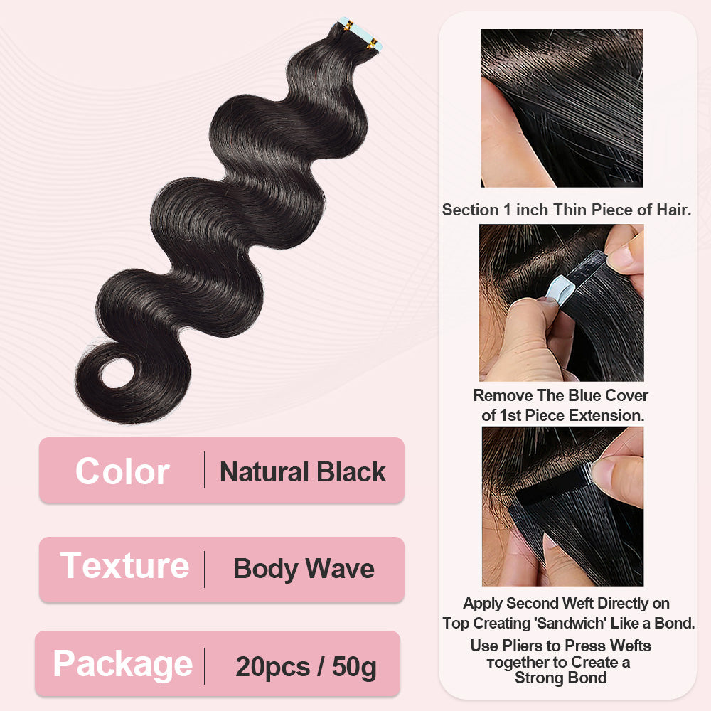 Body Wave Seamless tape in hair extensions Silky virgin human hair extensions wavy tape-ins hair