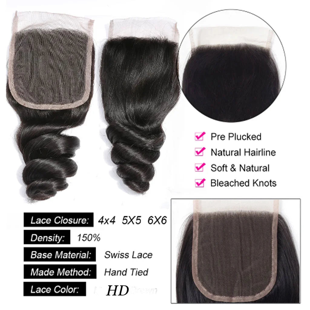 2x6 4x4 5x5 6x6 Smallest knots Loose wave deep wave closure in HD Lace Transparent Lace